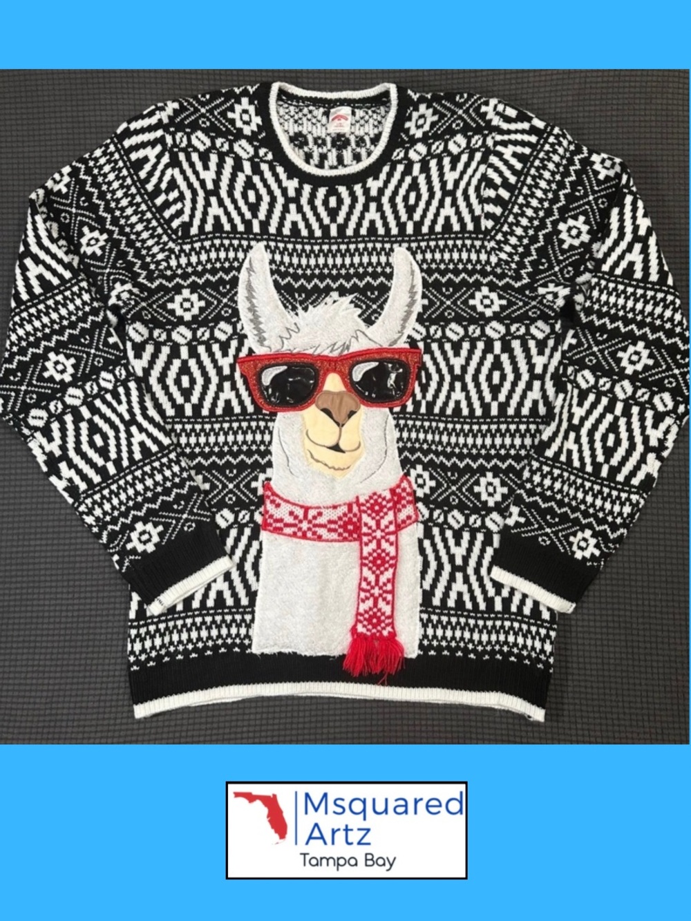 Llama Ugly Christmas Sweater Large Black White Red Glasses Scarf Holiday Festive